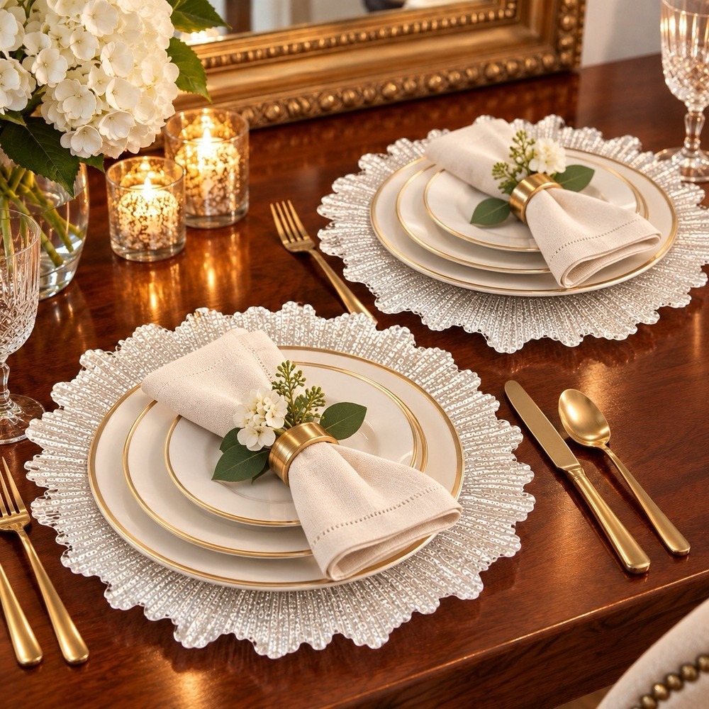 Z Gallerie Spruzzo White Glass Charger Plates Set of 2 13" Textured Ruffle Edge